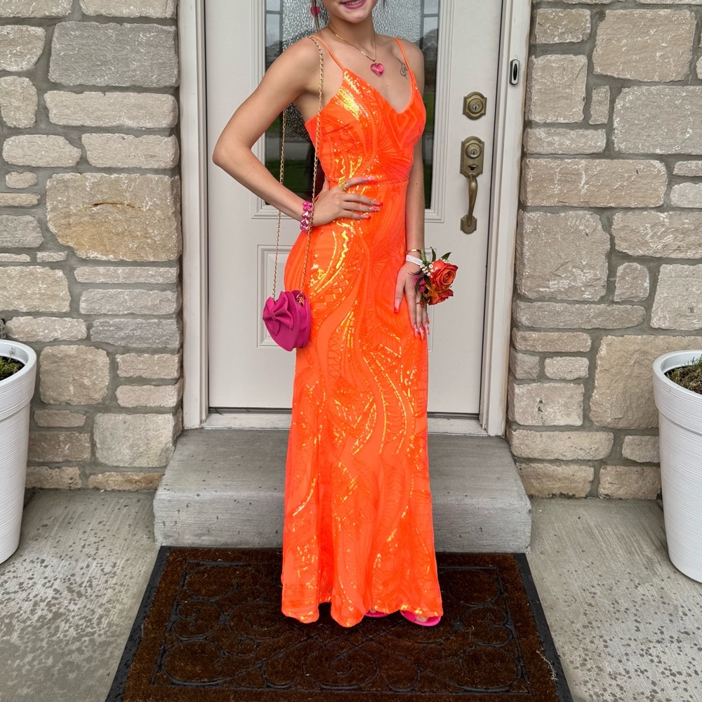 Orange and Pink Sequin Prom Dress